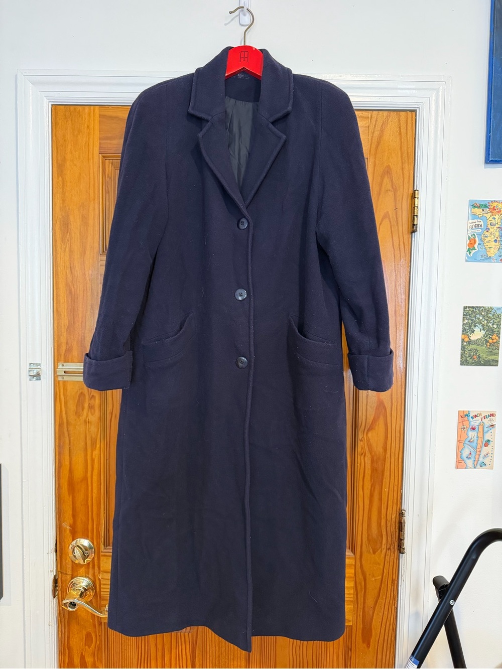 Wool Blend Long Trench Coat - Navy